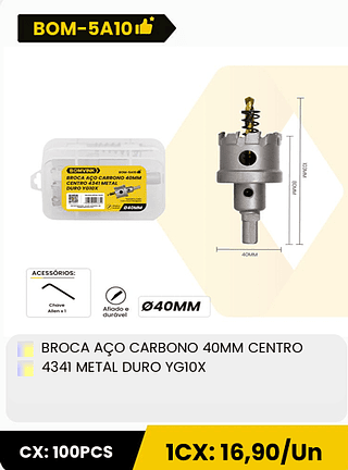 BROCA AÇO CARBONO 40MM CENTRO 4341 METAL DURO YGI0X CX: 100PCS 1CX: 16,90/Un