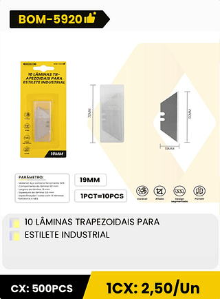10 LÂMINAS TRAPEZOIDAIS PARA ESTILETE INDUSTRIAL CX: 500PCS 1CX: 2,50/Un