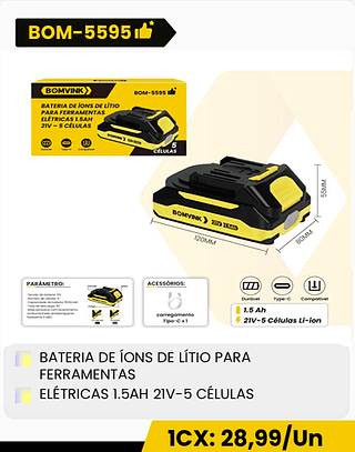 BATERIA DE ÍONS DE LÍTIO PARA FERRAMENTAS ELÉTRICAS 1.5AH 21V-5 CÉLULAS 1CX: 28,99/Un CX: 24PCS
