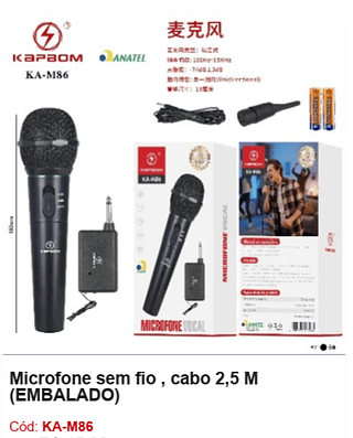Microfone sem fio , cabo 2,5 M R$ 33,3 PCS/CX:50