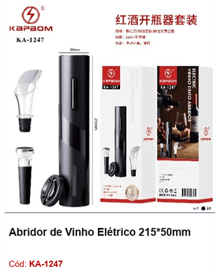 Abridor de Vinho Elétrico 215*50mm R$ 36 PCS/CX: 30