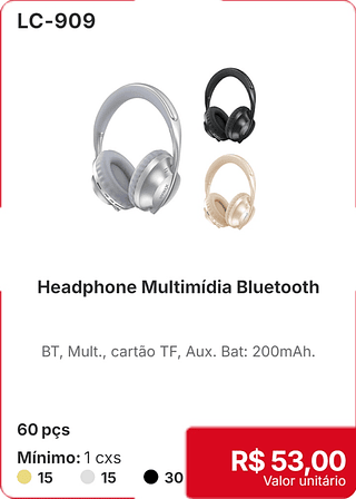 Headphone Multimidia Bluetooth 60 pçs R$ 53,00