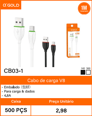 Cabo de carga V8 Caixa 500 PCS Preco Unitario 2,98