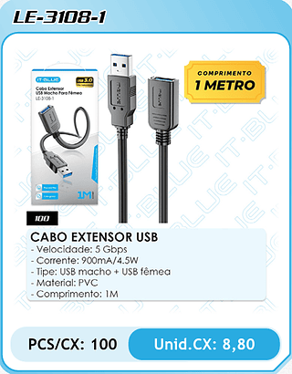 CABO EXTENSOR USB - Velocidade: 5 Gbps - Corrente: 900mA/4.5W - Tipe: USB macho + USB fêmea - Material: PVC - Comprimento: 1M PCS/CX: 100 Unid.CX: 8,80