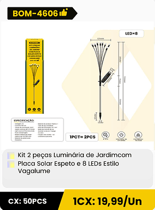 Kit 2 peças Luminaria de Jardimcom Placa Solar Espeto e 8 LEDs Estilo Vagalume CX: 50PCS 1CX: 19,99/Un