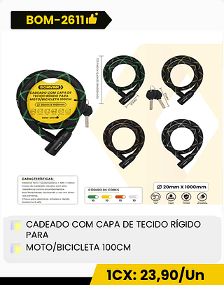 CADEADO COM CAPA DE TECIDO RÍGIDO PARA MOTO/BICICLETA 100CM CX: 40PCS 1CX: 23,90/Un