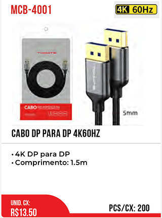 Cabo DP Para DP 4k60hz 200pç=13,5$