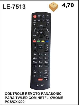 CONTROLE REMOTO PANASONIC PARA TV/LED COM NETFLIX/HOME 200PÇ=4,7$