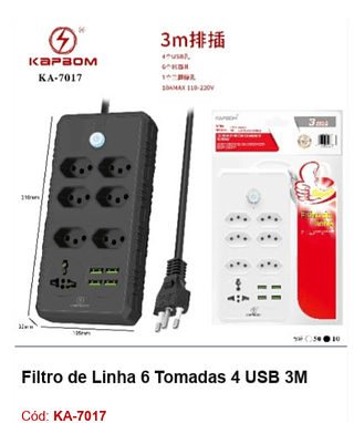 Filtro de Linha 6 Tomadas 4 USB 3M R$ 34,2 PCS/CX:60