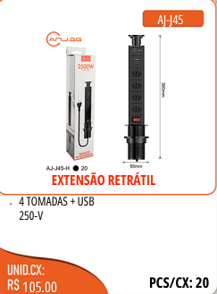 EXTENSAO RETRATIL 4TOMADAS +USB250-V UNID.CX:RS 105.00 PCS/CX:20