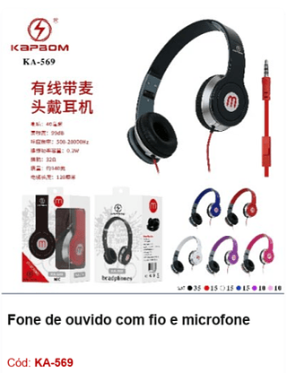 Fone de ouvido com fio e microfone R$9,45 PCS/CX:100