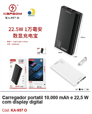 Carregador portatil 10.000 mAh e 22,5 W com display digital 60PÇS R$38,7