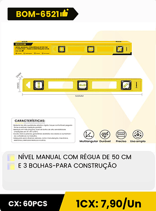 NÍVEL MANUAL COM RÉGUA DE 50 CM E 3 BOLHAS-PARA CONSTRUÇÃO CX: 60PCS 1CX: 7,90/Un