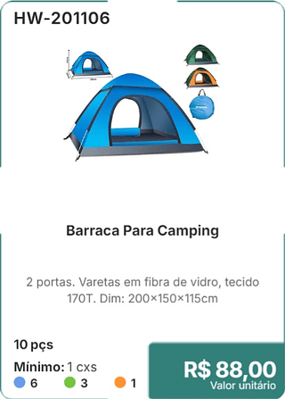 Barraca Para Camping 10 pçs R$ 88.00