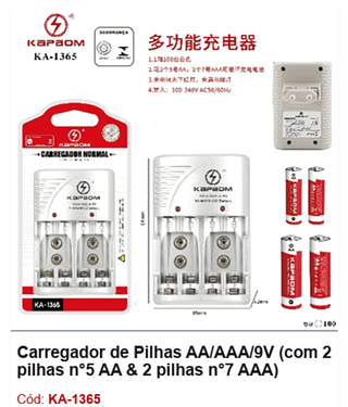 Carregador de Pilhas AA/AAA/9V (com 2 pilhas n°5 AA & 2 pilhas n°7 AAA) R$ 20,7 PCS/CX: 100