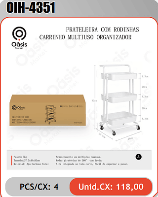 PRATELEIRA COM RODINHASCARRINHO MULTIUSO ORGANIZADOR PCS/CX: 4 Unid.CX: 118,00