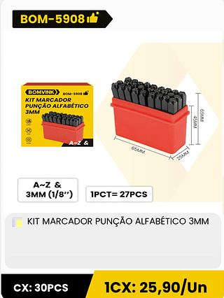 KIT MARCADOR PUNÇÃO ALFABÉTICO 3MM CX: 30PCS 1CX: 25,90/Un