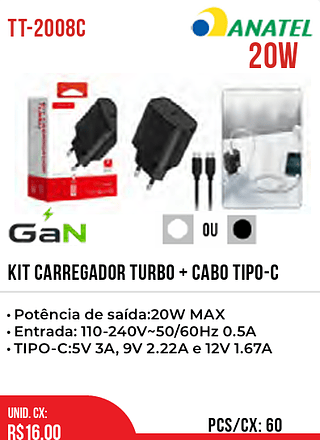 KIT carregador TURBO + CABO TIPO-C 60pç=16$