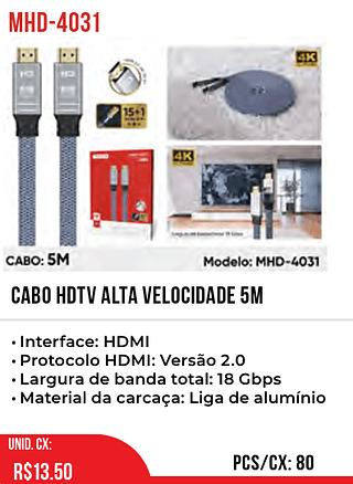 Cabo HDTV Alta Velocidade 5M 80pç=13,5$