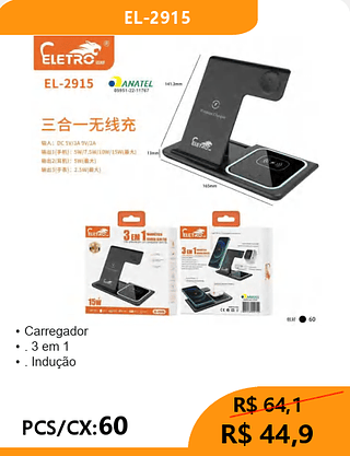 POWER BANK COM INDUÇÃO 3 EM 1 PCS/CX:60 R$44,9