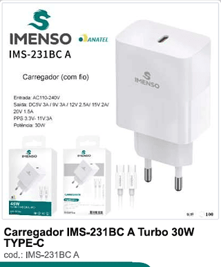 Carregador Turbo 30W TYPE-C 100PC/CX R$19,8