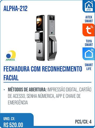 FECHADURA COM RECONHECIMENTO FACIAL UNID. CX: R$ 520.00 PCS/CX: 4