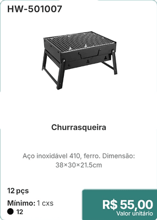 Churrasqueira 12 pçs R$ 55,00