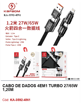 CABO DE DADOS 4EM1 TURBO 27/65W 1,20M R$ 7,65 PCS/cx:300
