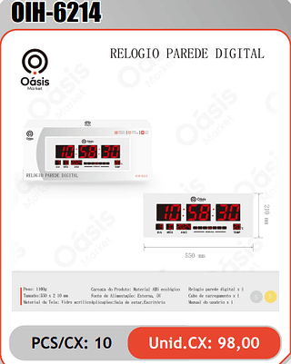 RELOGIO PAREDE DIGITAL PCS/CX: 10 Unid.CX: 98,00
