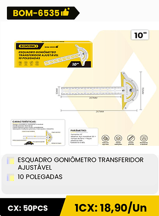 ESQUADRO GONIÔMETRO TRANSFERIDOR AJUSTÁVEL 10 POLEGADAS CX: 50PCS 1CX: 18,90/Un