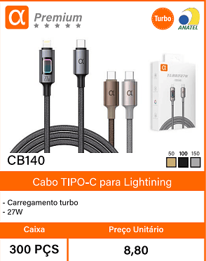 Cabo TIPO-C para Lightining - Caixa 300 PCS Preco Unitario 8,80