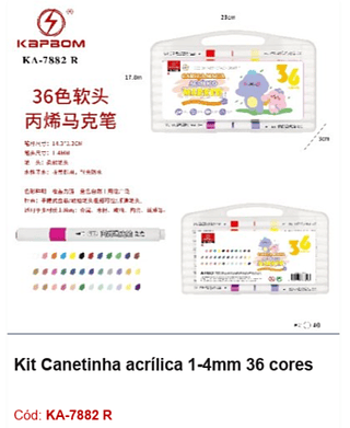 Kit Canetinha acrílica 1-4mm 36 cores R$ 14,4 PCS/Cx: 40
