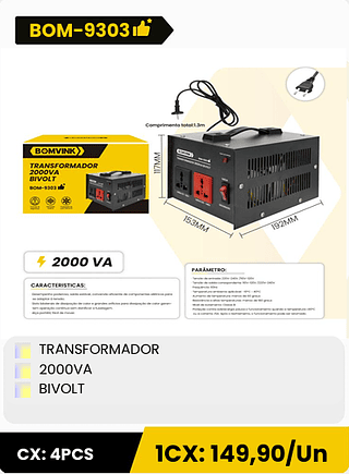 TRANSFORMADOR 2000VA BIVOLT CX: 4PCS 1CX: 149,90/Un