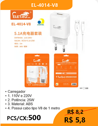 CARREGADOR V8 PCS/CX:500 R$5,8