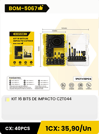 KIT 16 BITS DE IMPACTO CZT044 CX: 40PCS 1CX: 35,90/Un