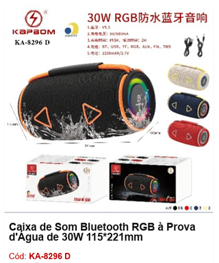 Caixa de Som Bluetooth RGB à Prova d'Água de 30W R$73,8 PCS/CX:24