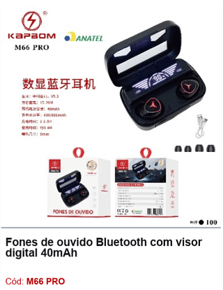 Fones de ouvido Bluetooth com visor digital 40mAh R$16,2 PCS/CX:100