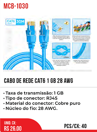 CABO DE REDE CAT6 1 GB 28 AWG 40pç=26$