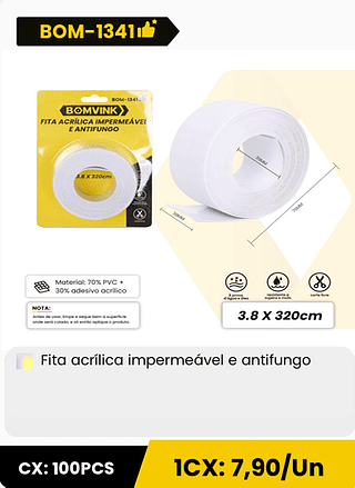 Fita acrílica impermeável e antifungo CX: 100PCS 1CX: 7,90/Un