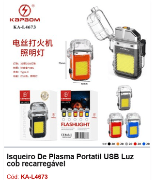 Isqueiro De Plasma Portatil USB Luz cob recarregável R$ 16,2 PCS/CX: 100