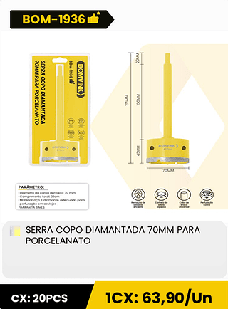 SERRA COPO DIAMANTADA 70MM PARA PORCELANATO CX: 20PCS 1CX: 63,90/Un