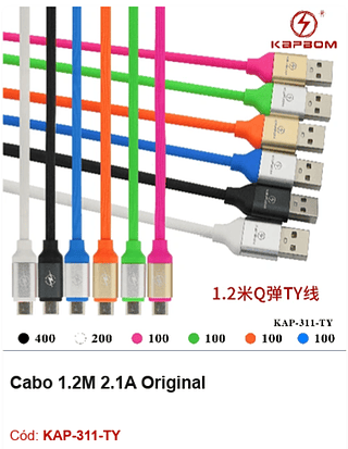 Cabo 1.2M 2.1A Original R$ 1,98 PCS/cx:1000