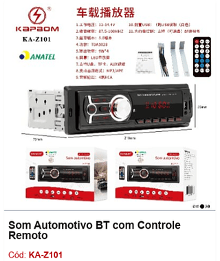 Som Automotivo BT com Controle Remoto R$ 49,5 PCS/cx: 30