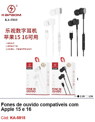 Fones de ouvido compatíveis com Apple 15 e 16 R$7,2 PCS/CX:300