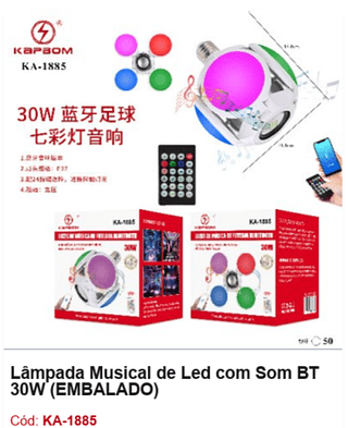 Lâmpada Musical de Led com Som BT 30W R$ 29,7 PCS/Cx: 50