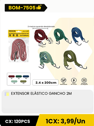 EXTENSOR ELÁSTICO GANCHO 2M CX: 120PCS ICX: 3,99/Un