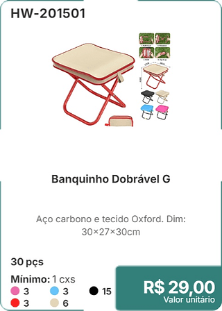 Banquinho Dobrável G 30 pçs R$ 29.00