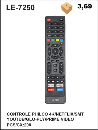 CONTROLE PHILCO 4K/NETFLIX/SMT YOUTUB/GLO-PLY/PRIME VIDEO 200pç=3,69$