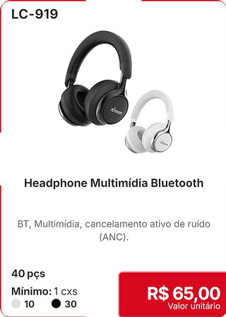 Headphone Multimidia Bluetooth 40 pçs R$ 65,00
