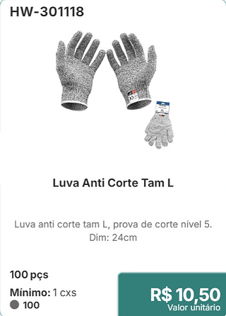 Luva Anti Corte Tam L 100 pçs R$ 10.50